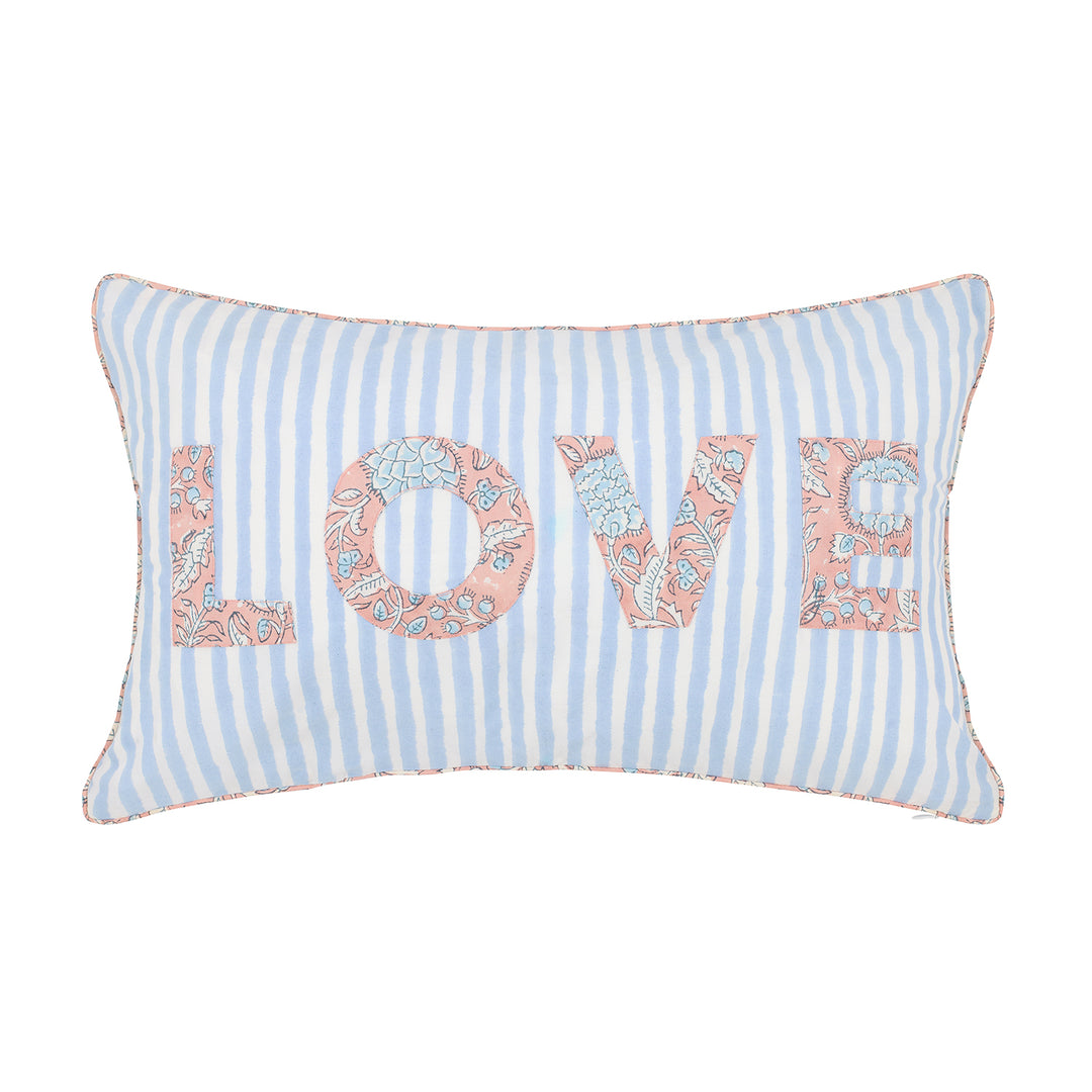 LOVE Striped Applique Cushion In Glacier Blue