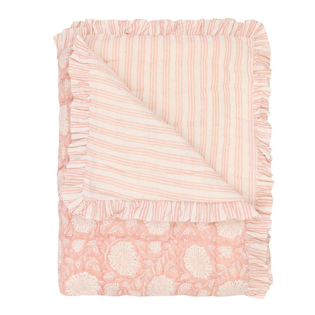 Dusty Pink Marigold Stripe Ruffle Quilt