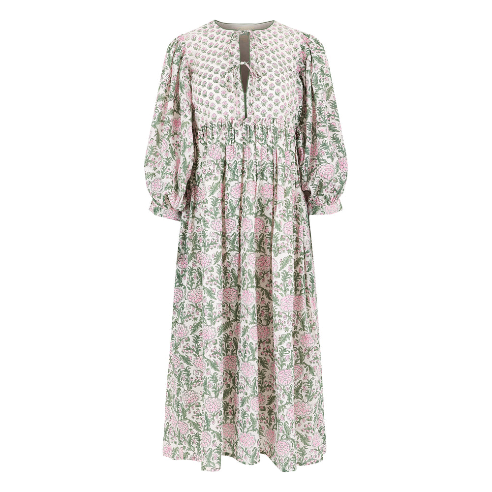 Farah Midi Dress in White & Sage - Dilli Grey