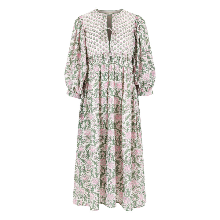 Farah Midi Dress in White & Sage - Dilli Grey