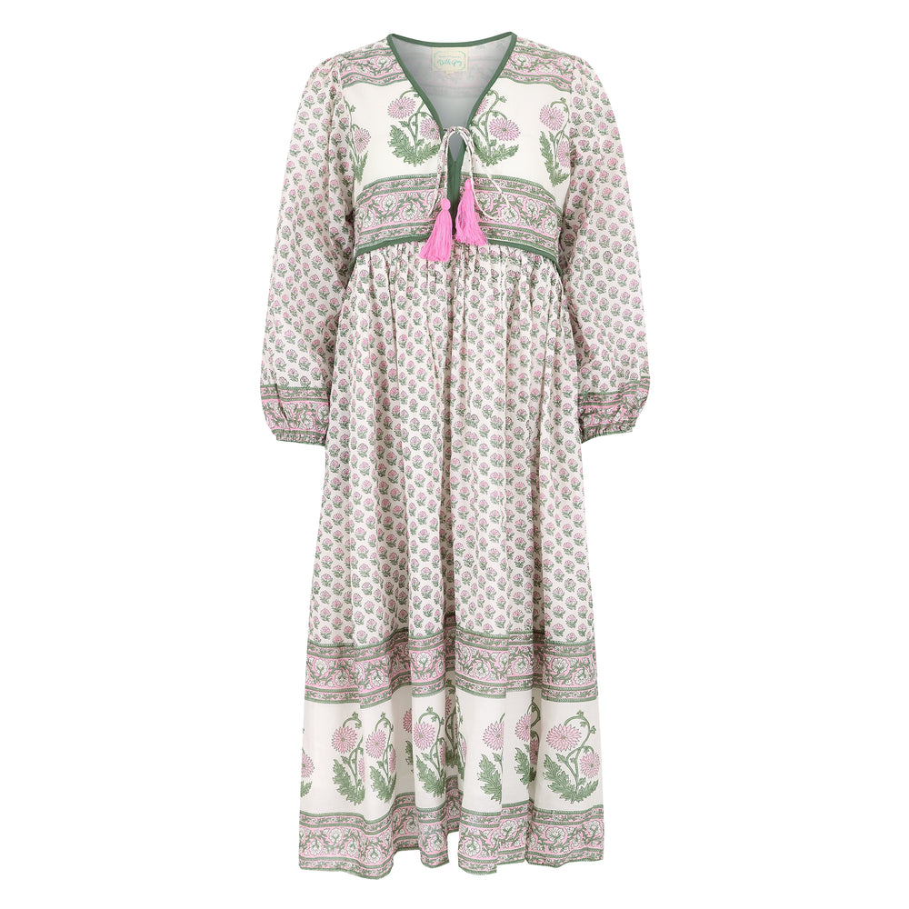 Jackie midi dress in white and sage - Dilli Grey