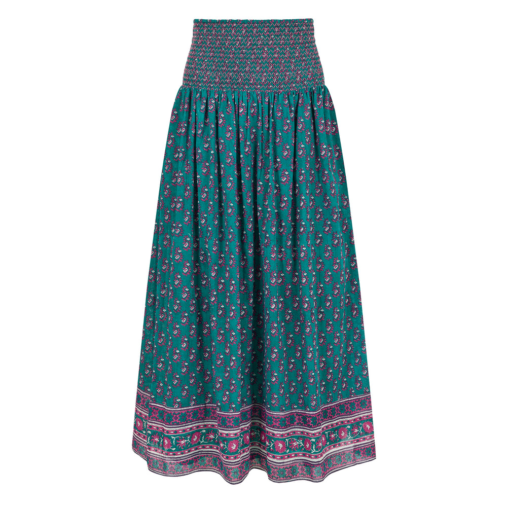 Kaya Smocked Waistband Skirt in Teal and Magenta - Dilli Grey