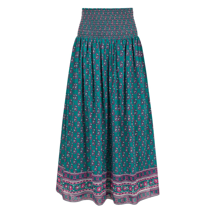 Kaya Smocked Waistband Skirt in Teal and Magenta - Dilli Grey