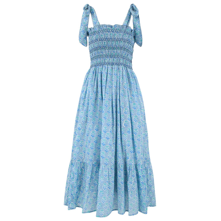 Yasmin floral smocked sun dress in blue and aqua