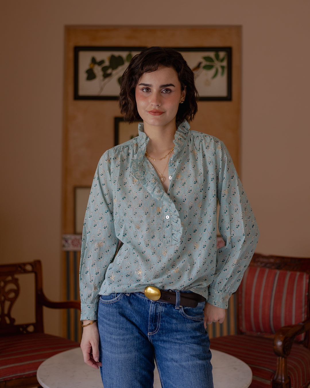Hannah Ruffle Blouse in Duck Egg - delivery beg Nov