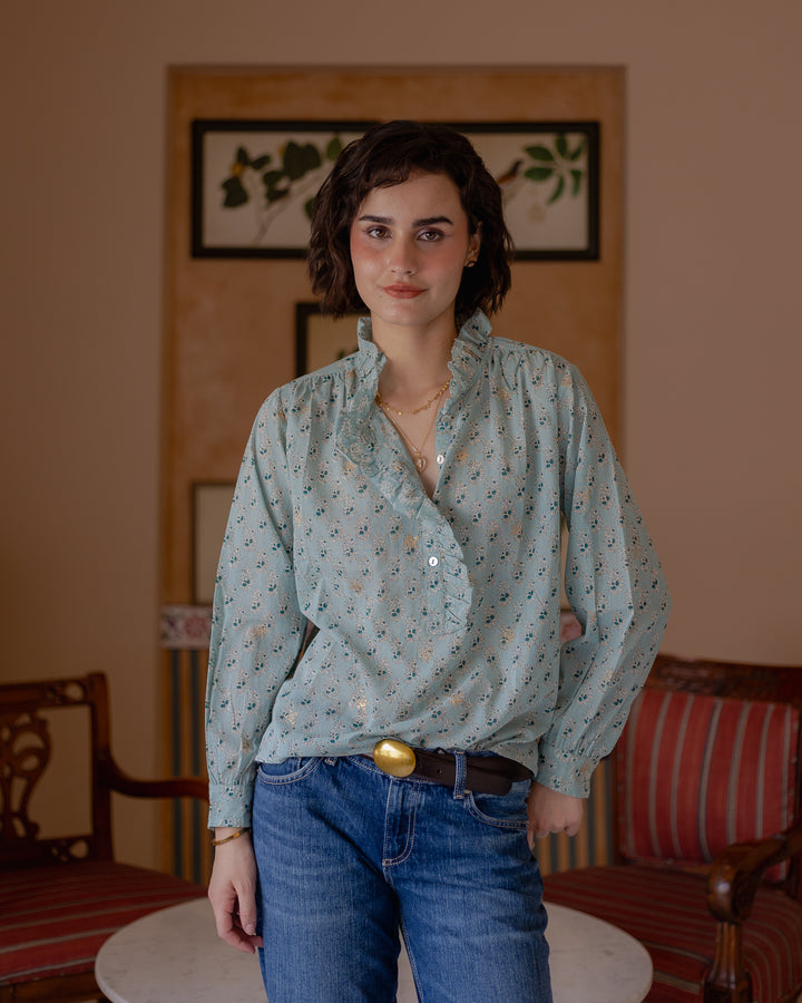 Hannah Ruffle Blouse in Duck Egg - delivery beg Nov
