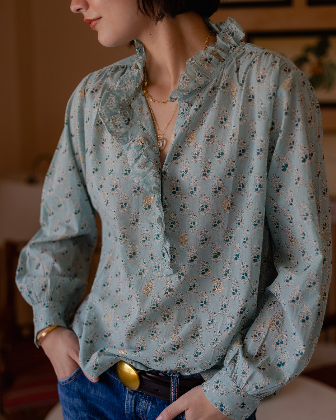 Hannah Ruffle Blouse in Duck Egg - delivery beg Nov