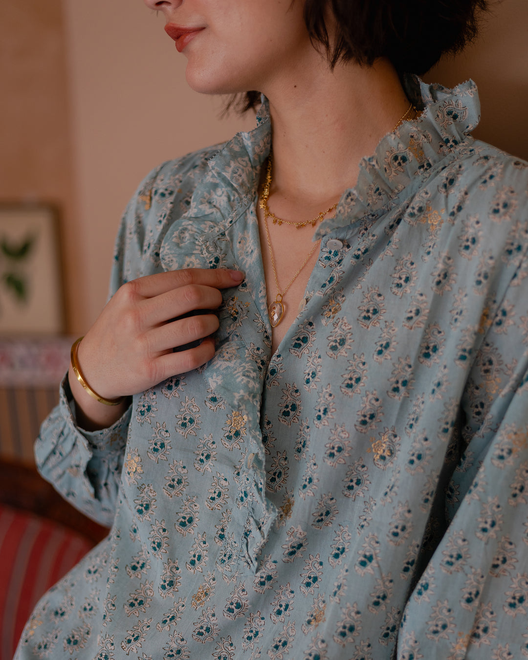 Hannah Ruffle Blouse in Duck Egg - delivery beg Nov