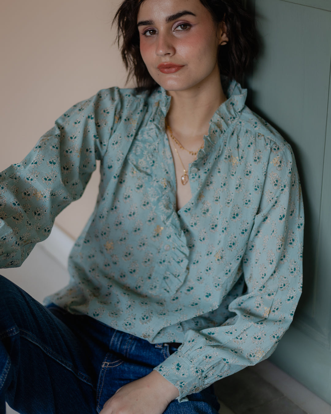 Hannah Ruffle Blouse in Duck Egg - delivery beg Nov