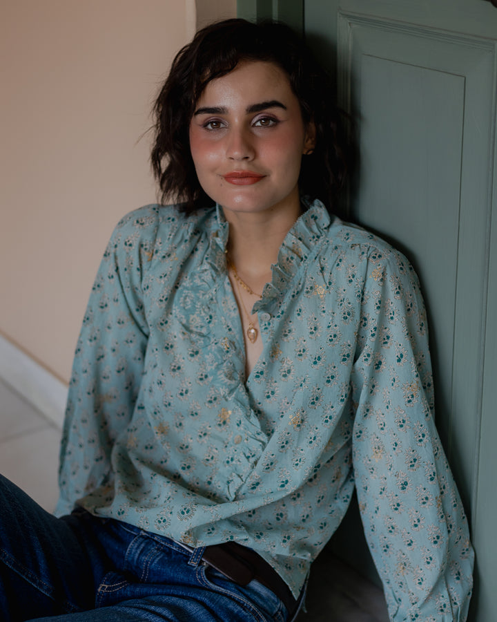Hannah Ruffle Blouse in Duck Egg - delivery beg Nov