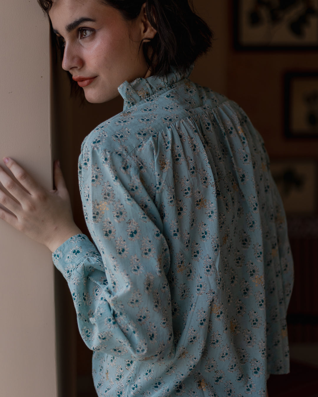 Hannah Ruffle Blouse in Duck Egg - delivery beg Nov