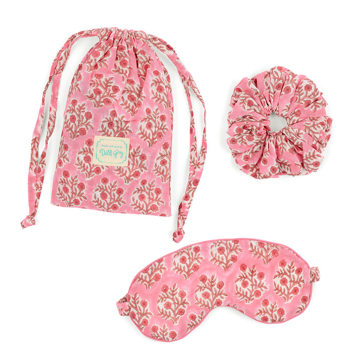 Eyemask and Scrunchie Pouch Set in Rani Pink