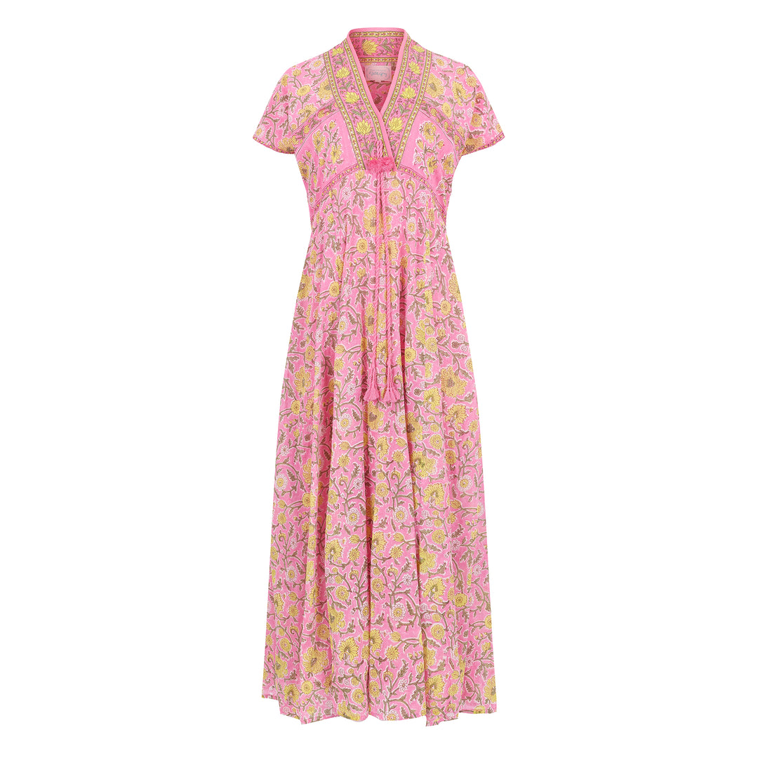 Riti Panelled Maxi Dress in Jaipur Pink and Yellow - Dilli Grey
