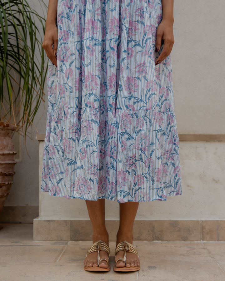Yasmin Smocked Sundress in dusty blue and pink - Dilli Grey