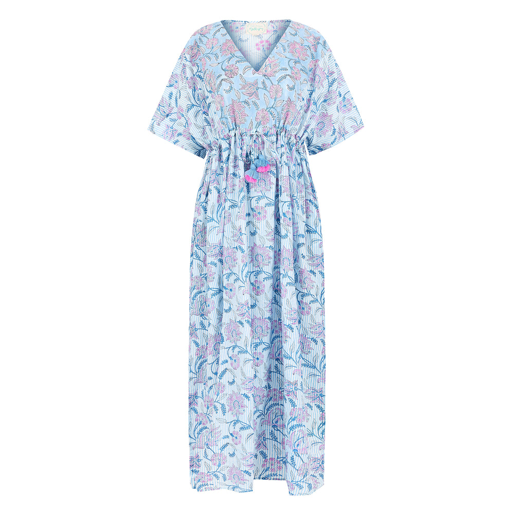 Tilly Stripe Champaca Maxi Kaftan Dress in Dusty Blue - Dilli Grey