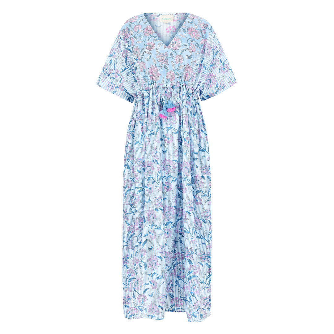 Tilly Stripe Champaca Maxi Kaftan Dress in Dusty Blue - Dilli Grey