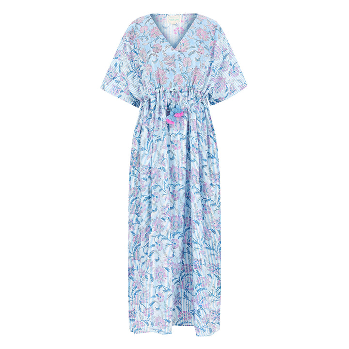 Tilly Stripe Champaca Maxi Kaftan Dress in Dusty Blue - Dilli Grey