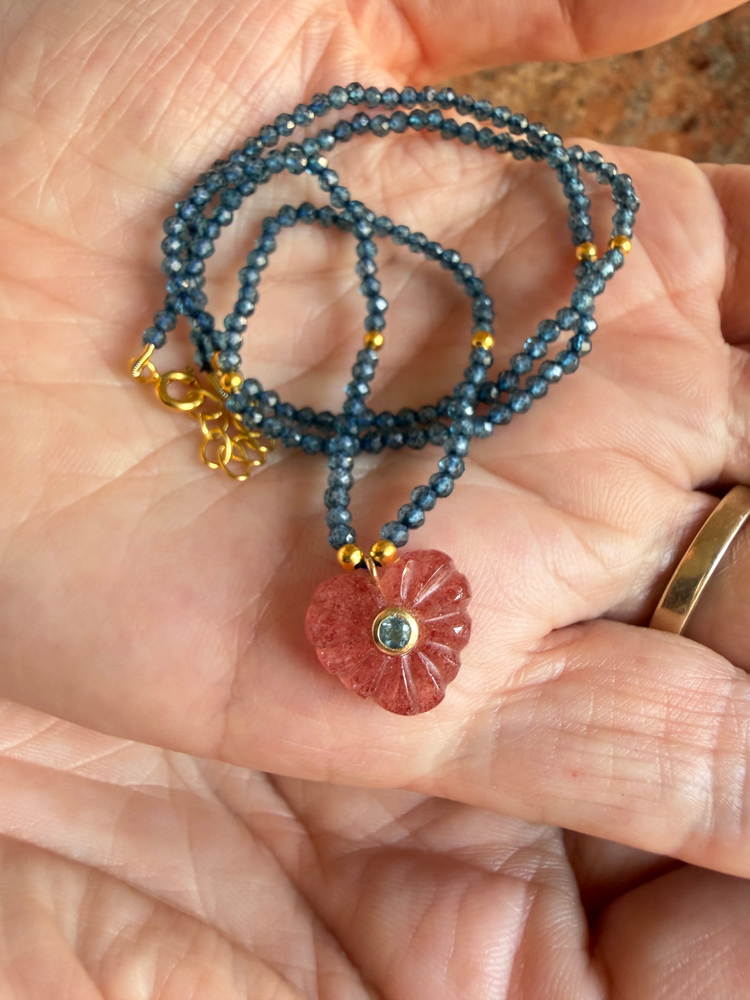Jaipur Carved Heart Necklace in Strawberry Quartz & Blue Topaz - SHIPS 9TH SEPTEMBER