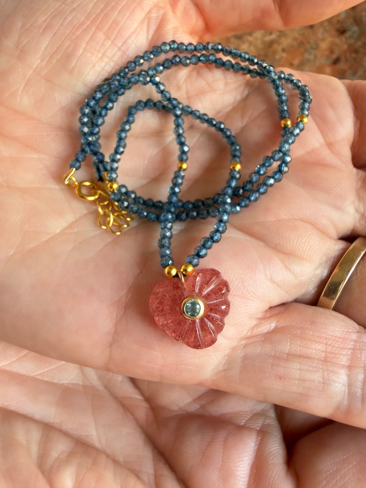 Jaipur Carved Heart Necklace in Strawberry Quartz & Blue Topaz - SHIPS 9TH SEPTEMBER