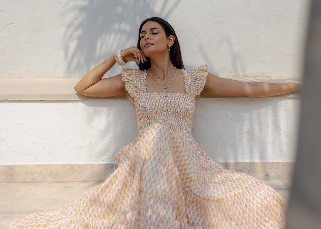 Tara Smocked Dress in sunshine yellow & pink - Dilli Grey