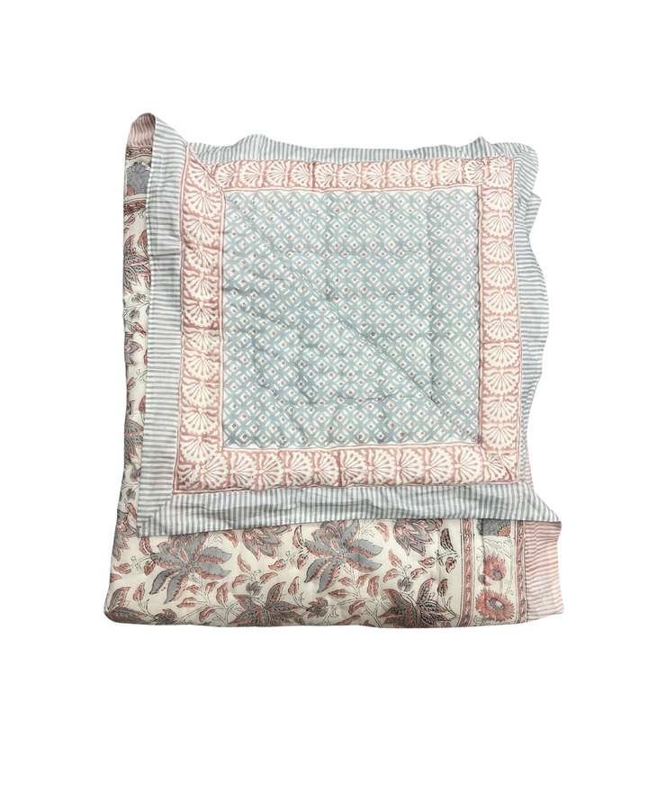 Jaipur Chintz reversible quilted Throw In vintage blue  & dusty pink - Dilli Grey