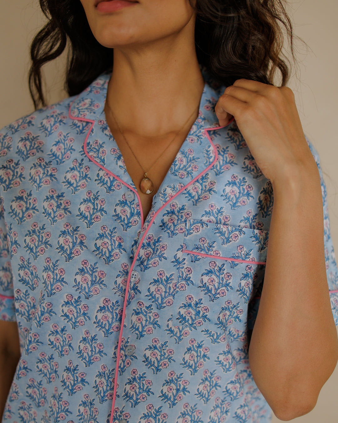 Mogra Shorts PJ set in Dusty Blue & Pink Lavender - Dilli Grey