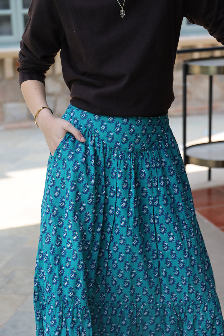 Dakota Hand-Block Printed Skirt in Teal - delivery beg Nov