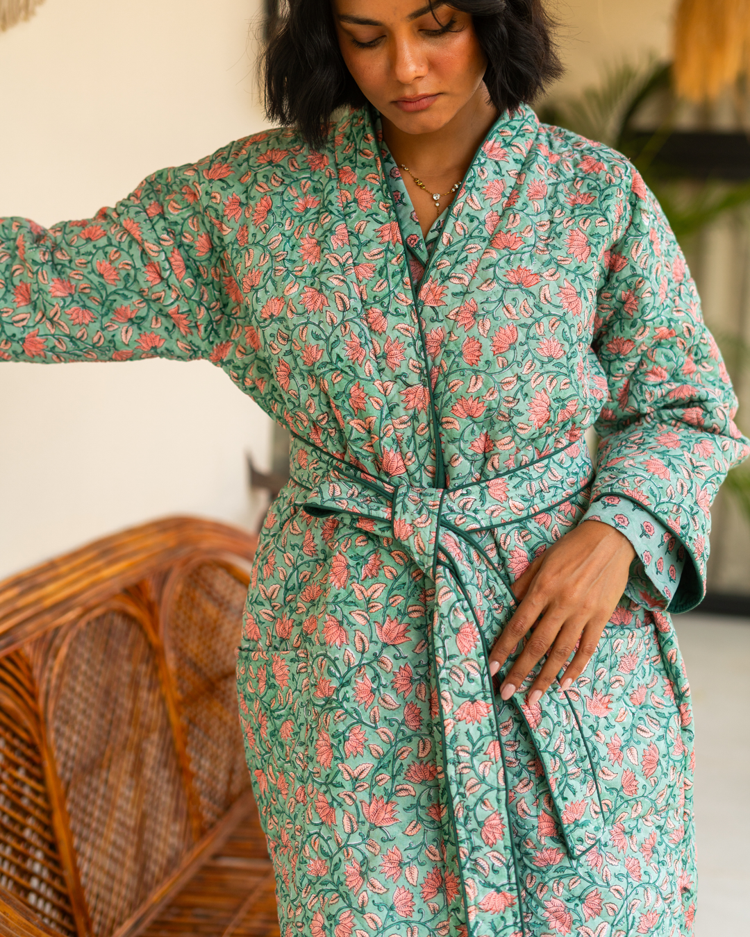 Indira Jaal Quilted Robe in Jade - Dilli Grey