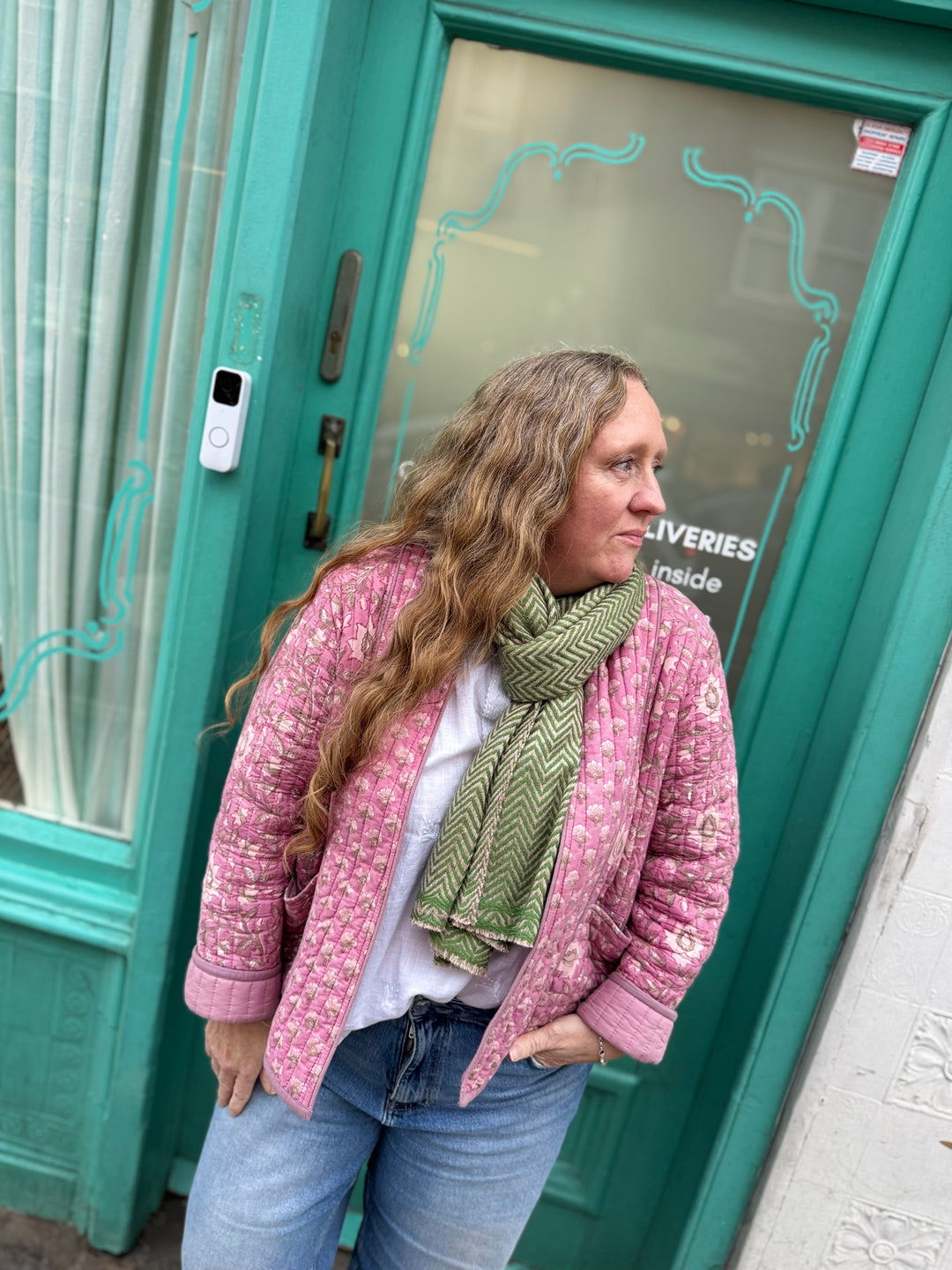 Cashmere chevron scarf in taupe and tulsi green