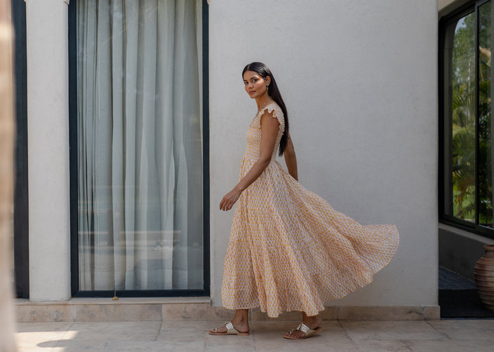 Tara Smocked Dress in sunshine yellow & pink - Dilli Grey