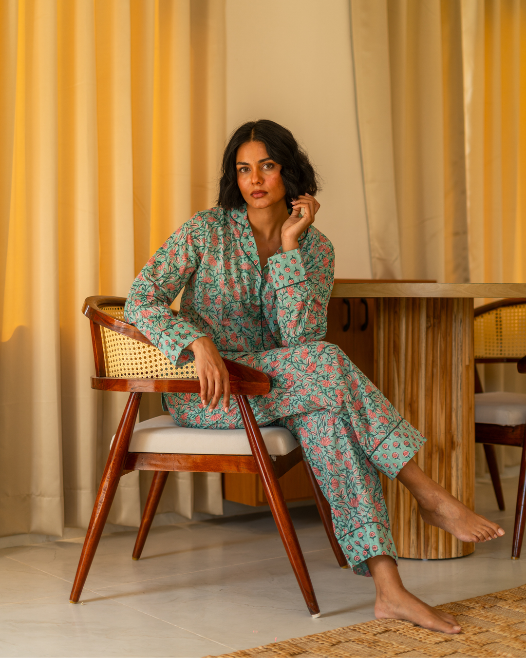 Indira Jaal Long Sleeve PJ set in Jade & Peach - Dilli Grey