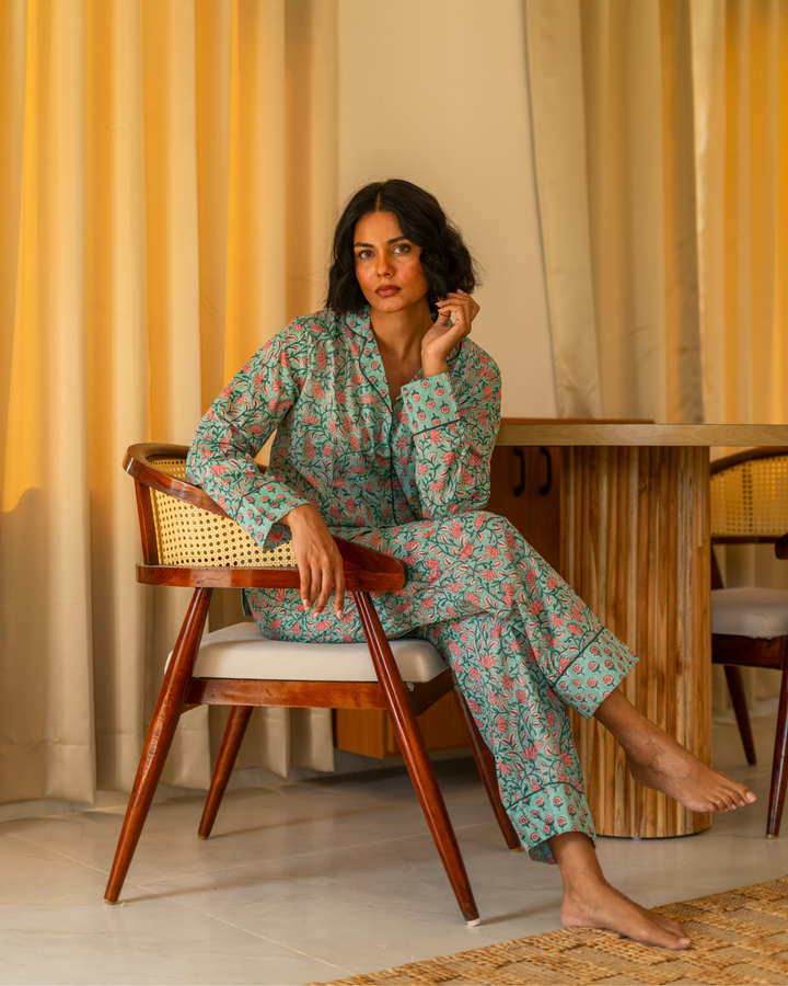 Indira Jaal Long Sleeve PJ set in Jade & Peach - Dilli Grey