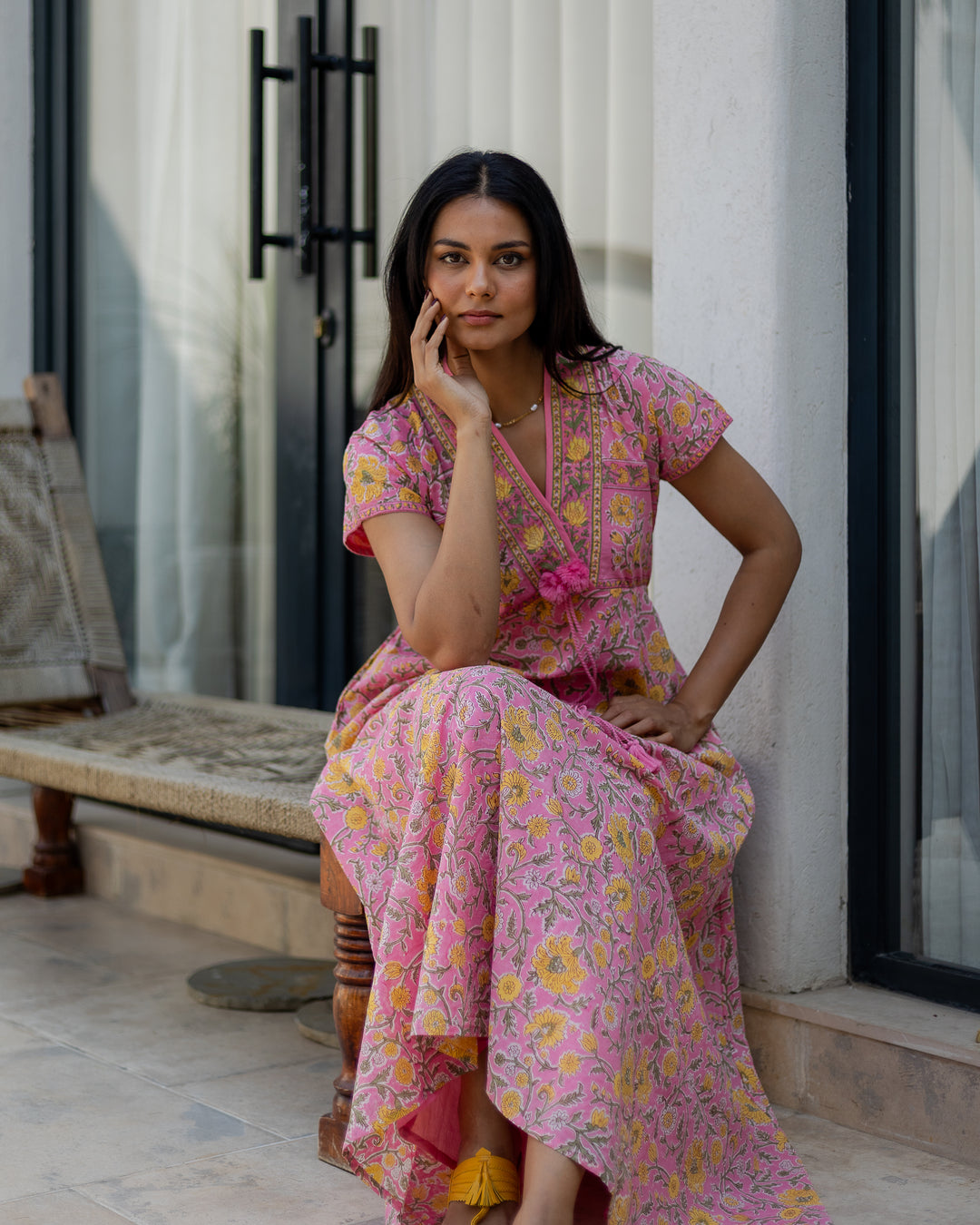 Riti Panelled Maxi Dress in Jaipur Pink and Yellow - Dilli Grey