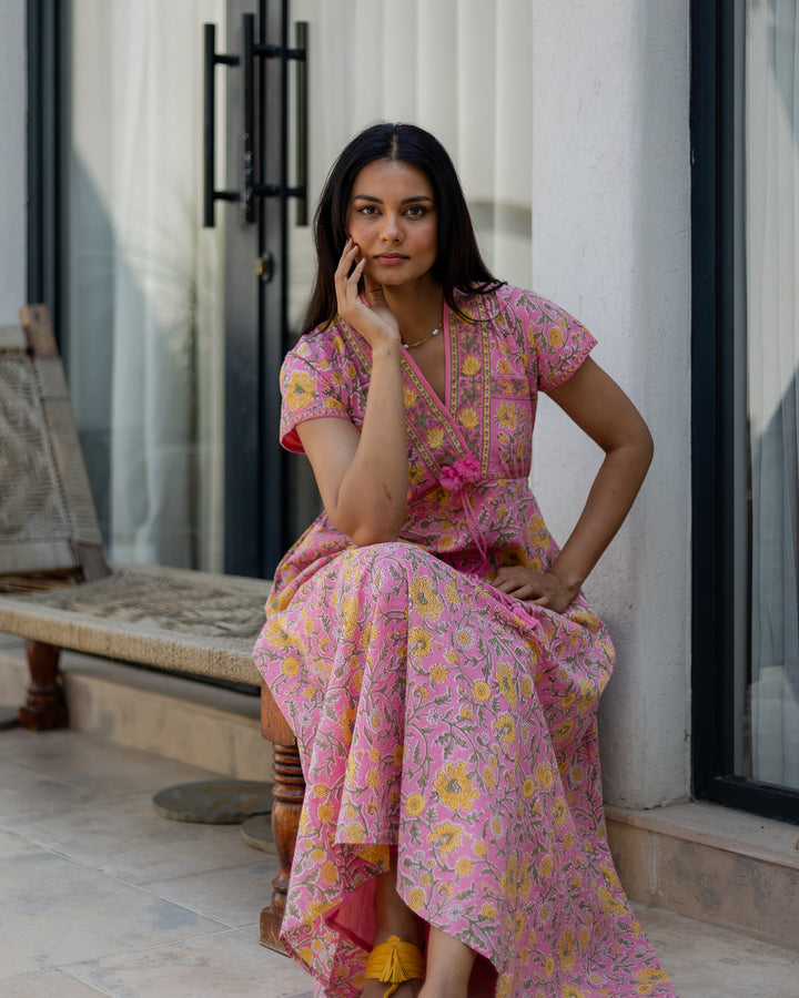 Riti Panelled Maxi Dress in Jaipur Pink and Yellow - Dilli Grey