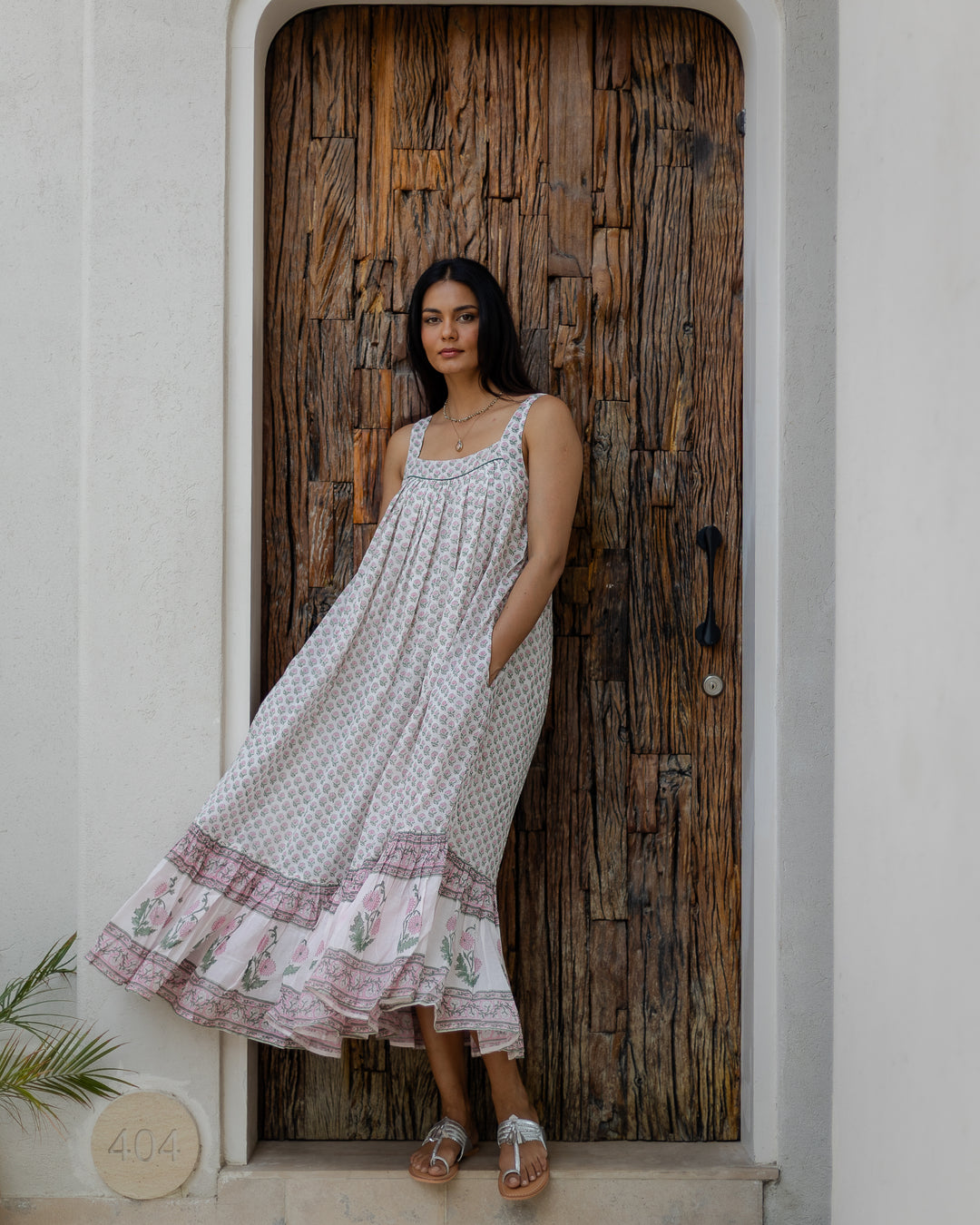 Kaya Maxi Sundress in White & Sage - Dilli Grey
