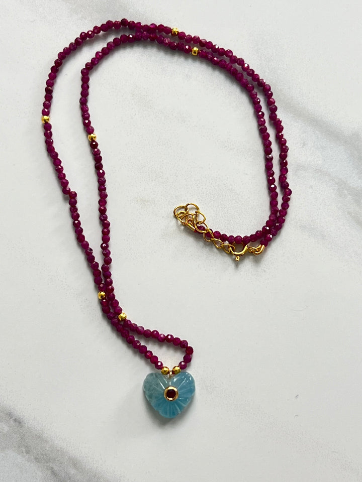 Jaipur Carved Heart Necklace in Ruby & Aquamarine