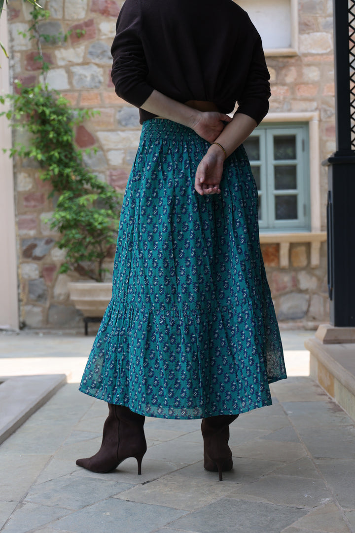 Dakota Hand-Block Printed Skirt in Teal - delivery beg Nov