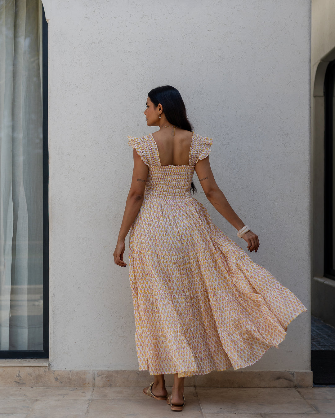 Tara Smocked Dress in sunshine yellow & pink - Dilli Grey