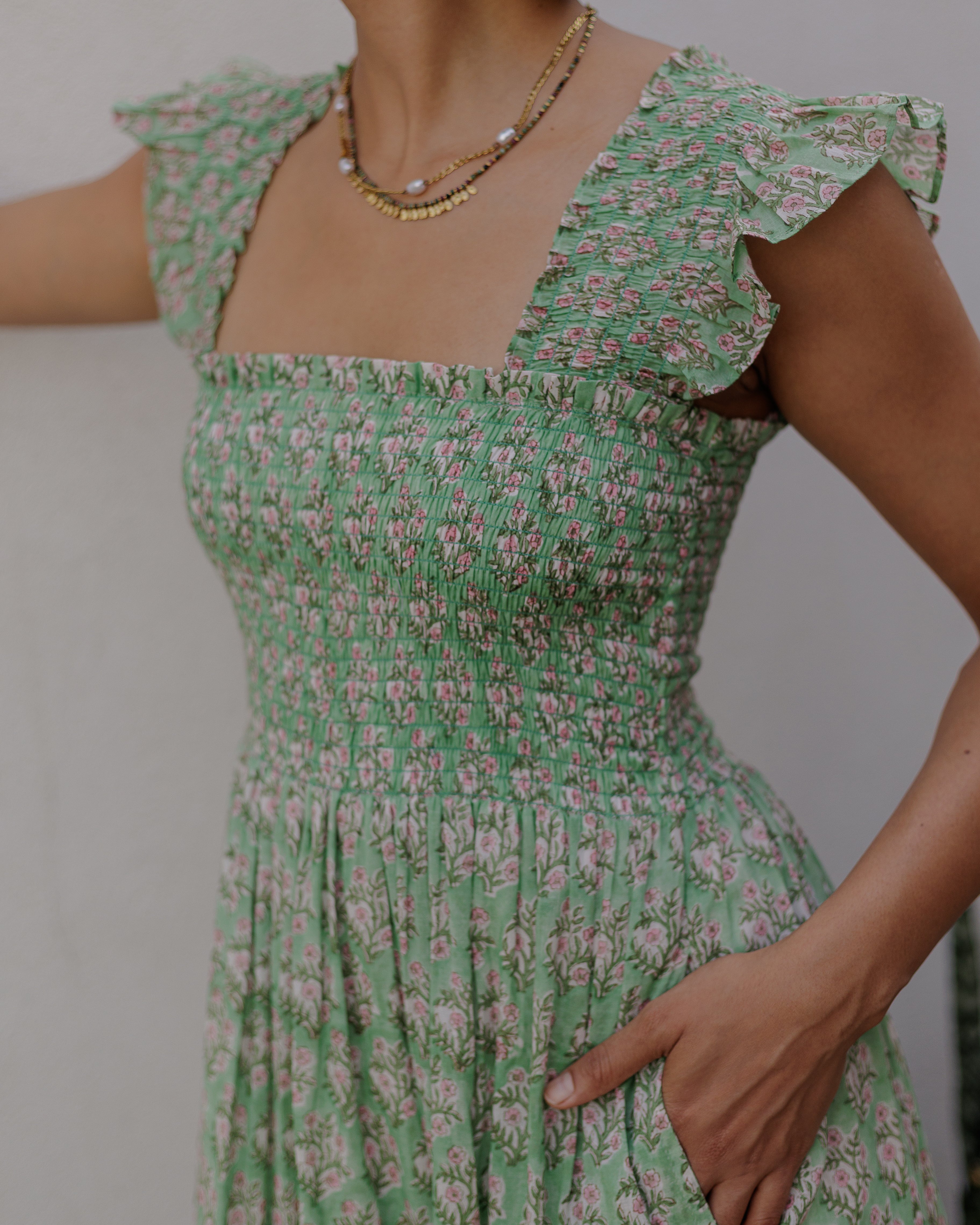 Tara Smocked Dress in sage green and pink - Dilli Grey