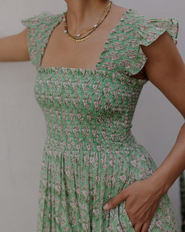 Tara Smocked Dress in sage green and pink - Dilli Grey