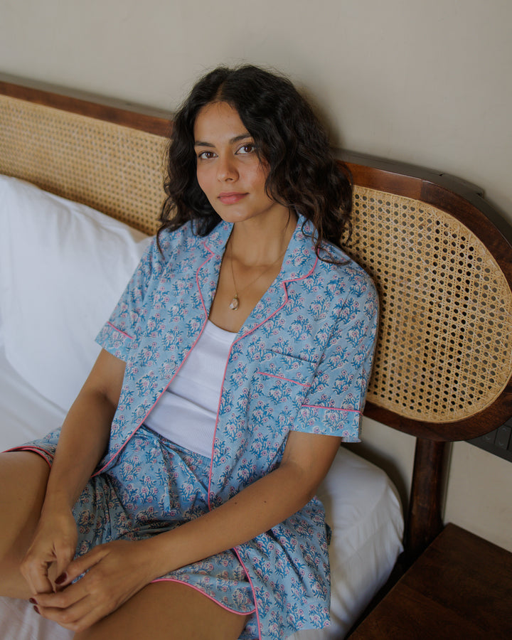 Mogra Shorts PJ set in Dusty Blue & Pink Lavender - Dilli Grey