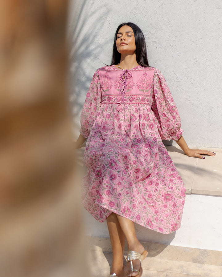 Farah Midi Dress in Jaipur Pink and Sage - Dilli Grey