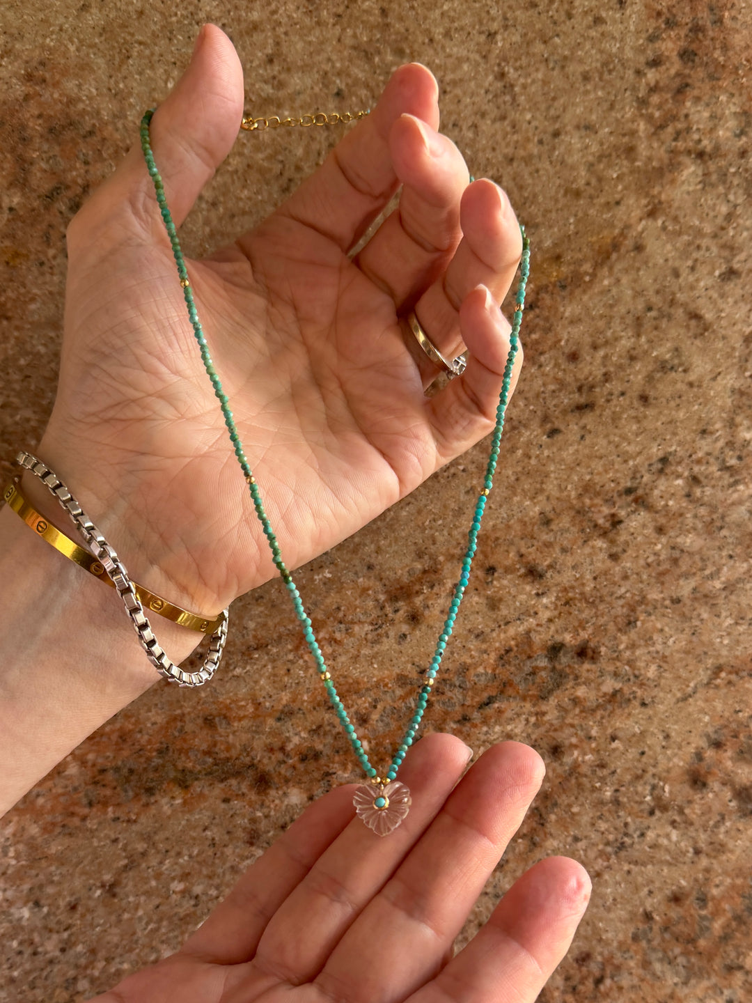 Jaipur Carved Heart Necklace in Quartz & Turquoise  - SHIPS 9TH SEPTEMBER