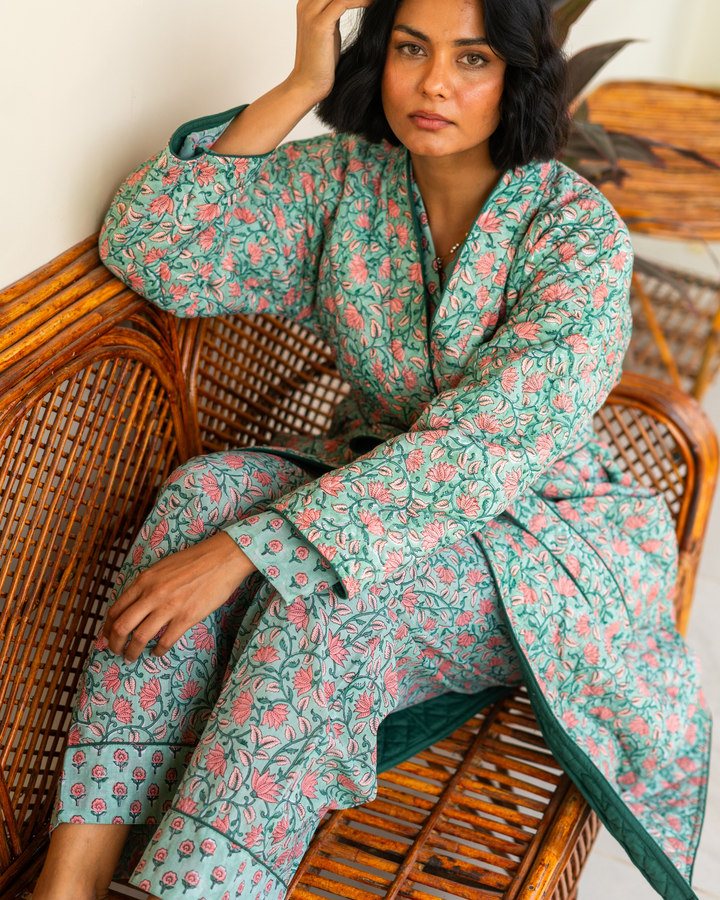 Indira Jaal Quilted Robe in Jade - Dilli Grey
