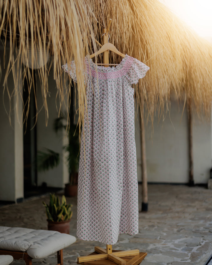 Daisy Butta Smocked Nightie in White and Pink
