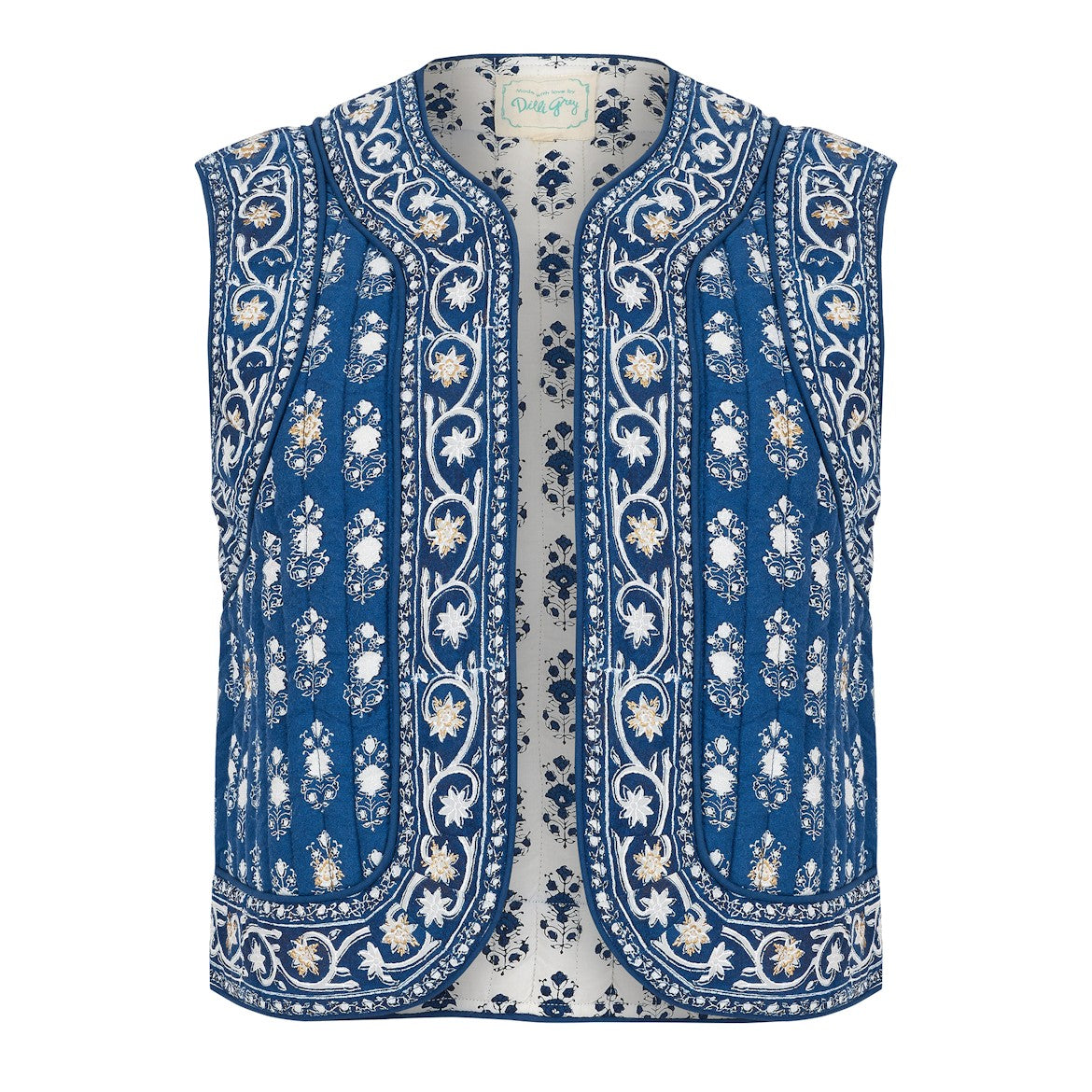 Saffron gilet in Tulsi Green | Block print womenswear | Dilli Grey