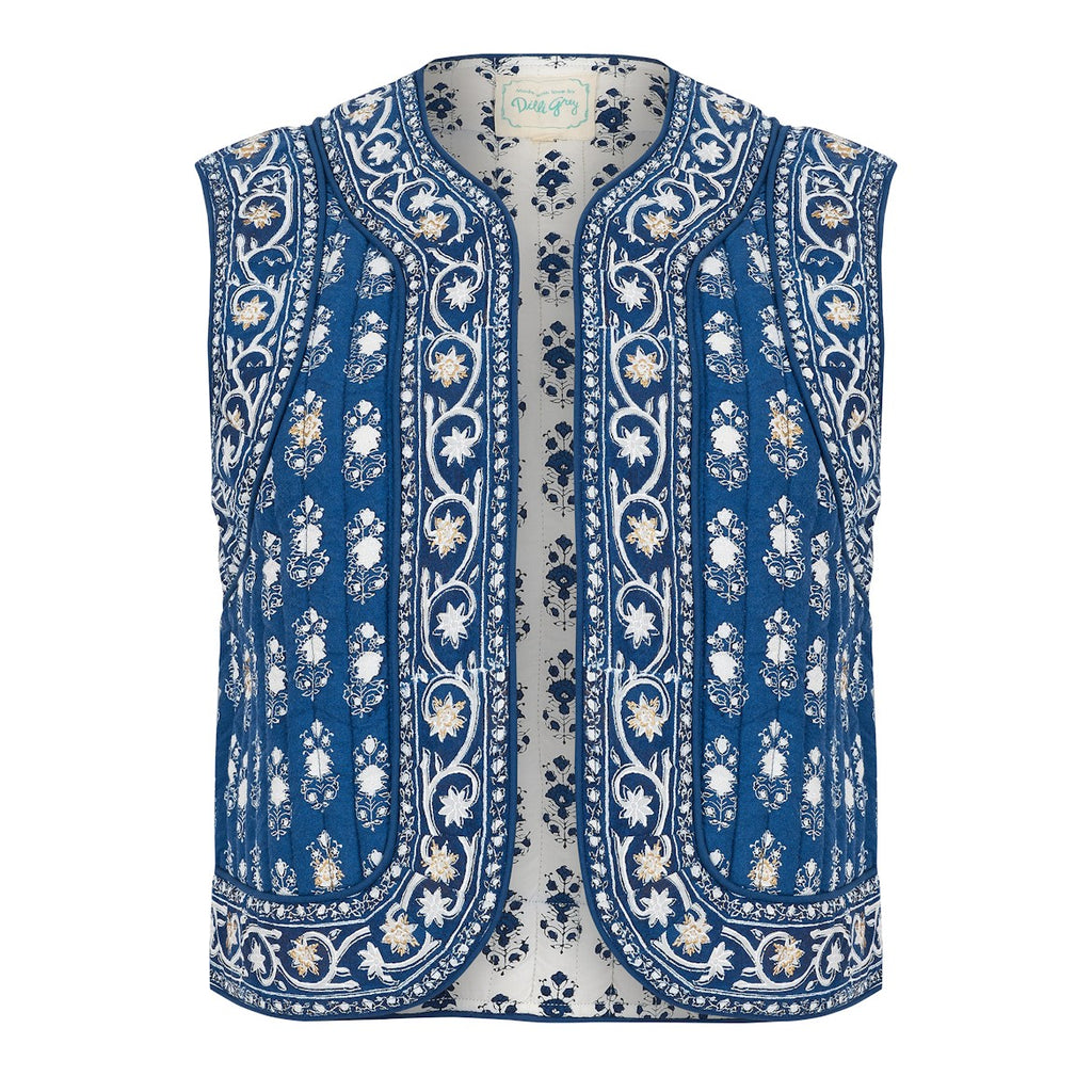 Saffron gilet in Tulsi Green | Block print womenswear | Dilli Grey