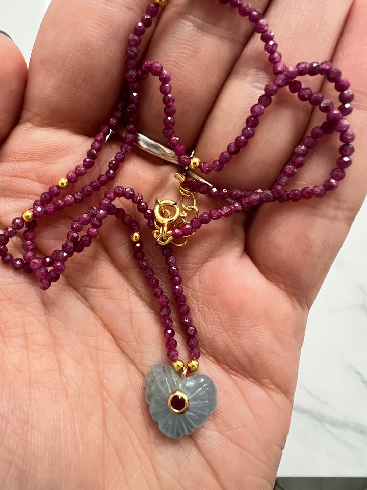 Jaipur Carved Heart Necklace in Ruby & Aquamarine