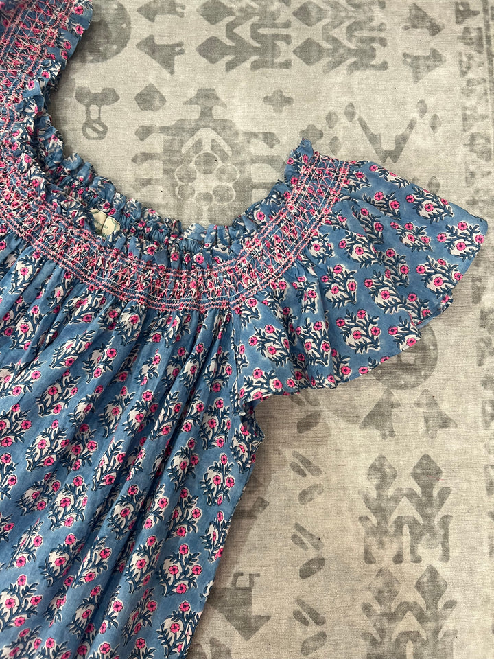 Mogra Smocked Nightie in dusty blue and neon Pink