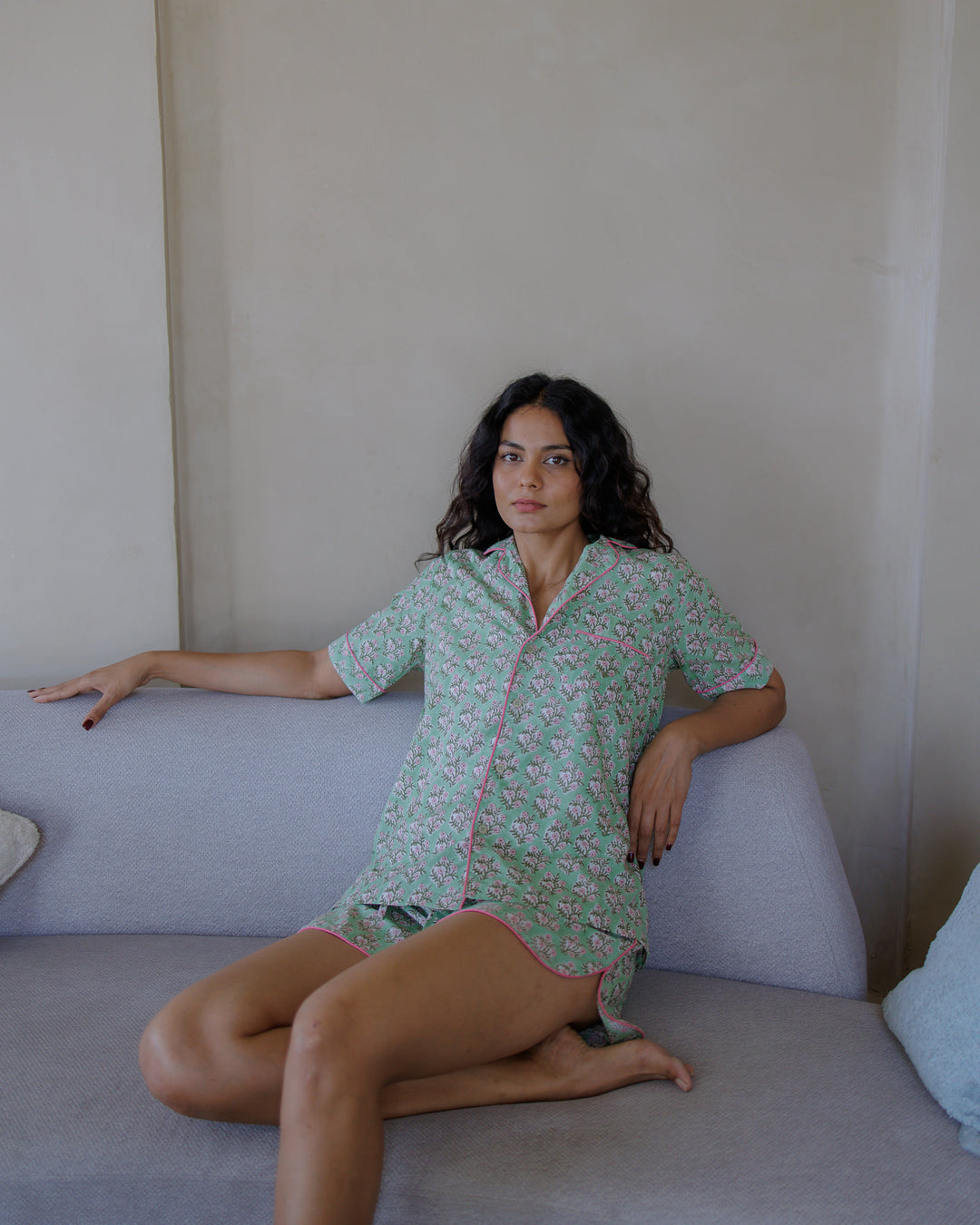 Mogra Shorts PJ set in Sage Green and Pink - Dilli Grey